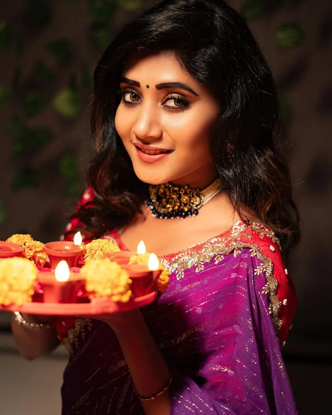 Vasanthi Krishnan Wearing Traditional Violet Saree Blouse